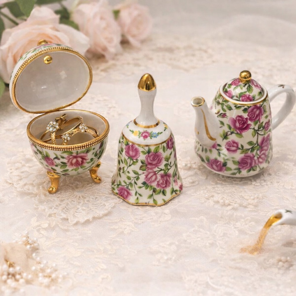 Vintage 🌸 3-Piece Mini Porcelain Set Bell, Teapot Egg Trinket Box Floral Small - Picture 6 of 16